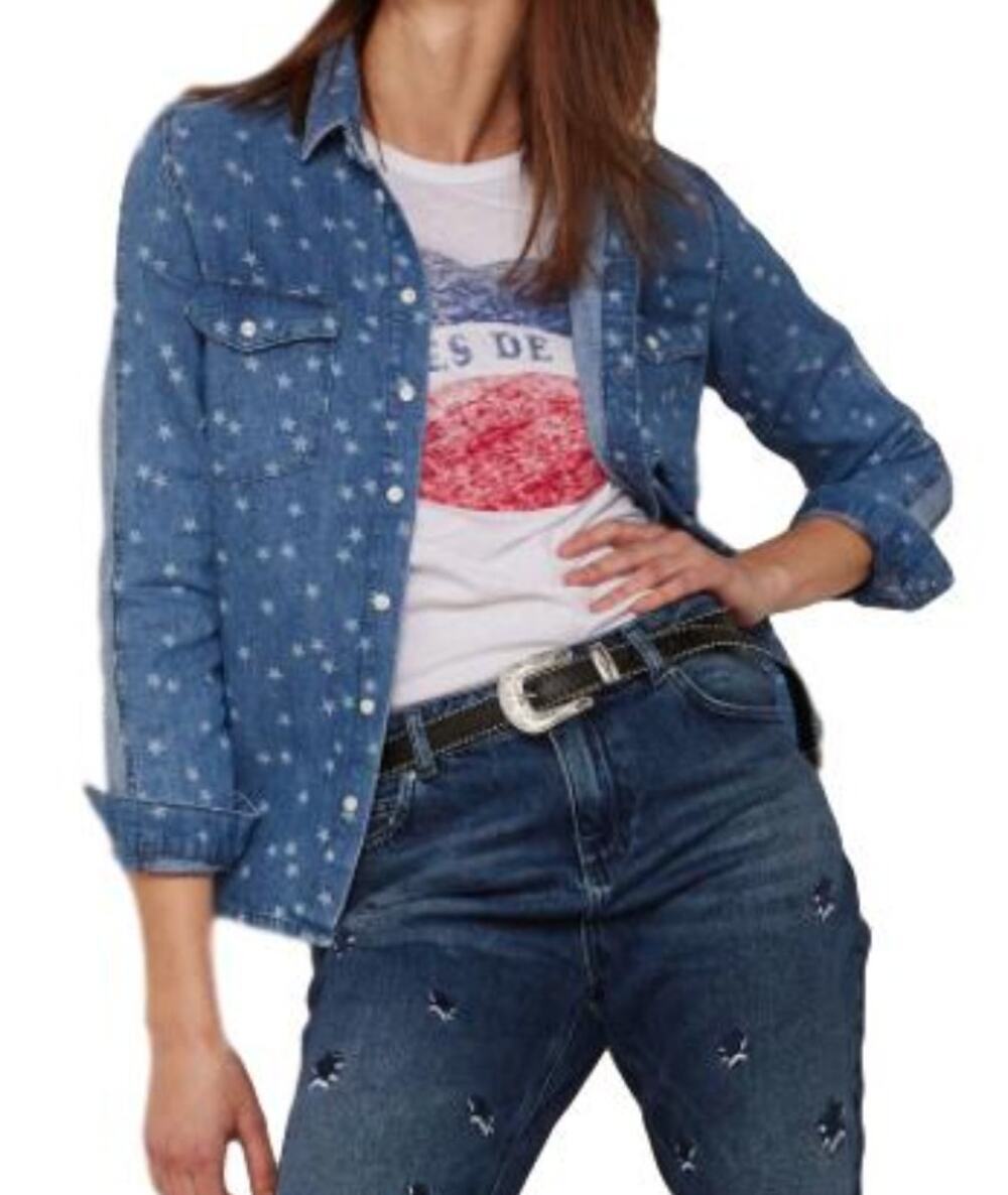 Zoe Karssen Classic Shirt Stars All Over Denim Chambray Shirt Size L